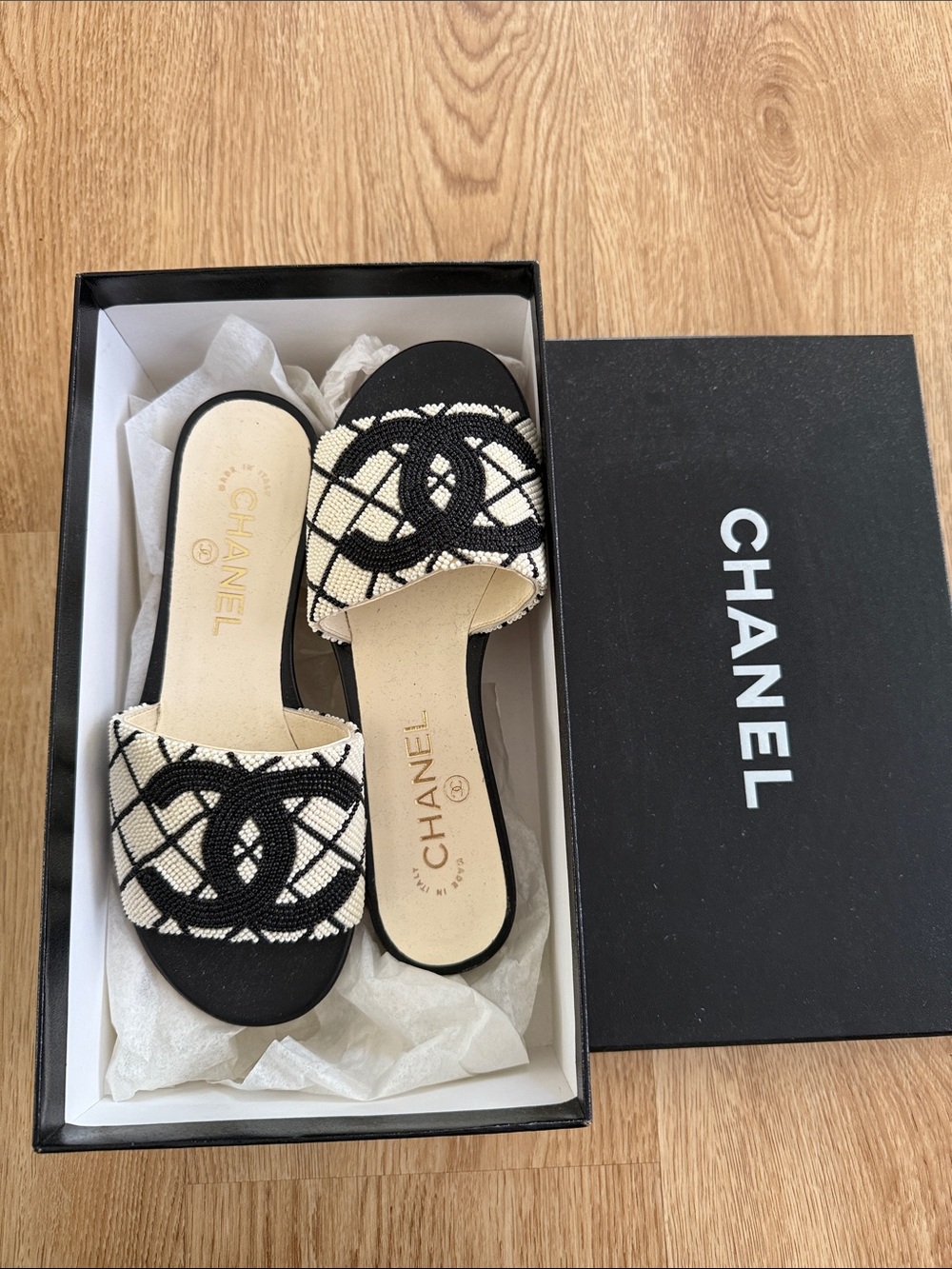 CHANEL Black and White Beaded Woven Slide Mules
